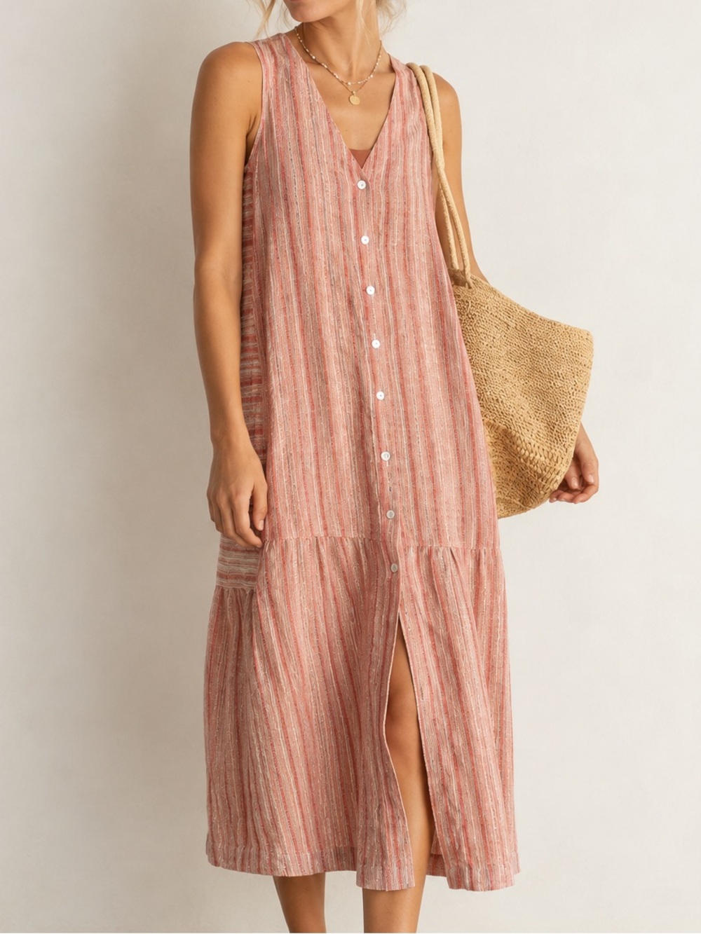 Poetry Terracotta Red Sleeveless Striped Dress – Yarn-Dyed Linen – Size 2